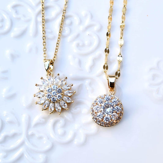 White Crystal Sunflower Rotating Pendant Necklace - CZ Diamond Stainless Steel Necklace