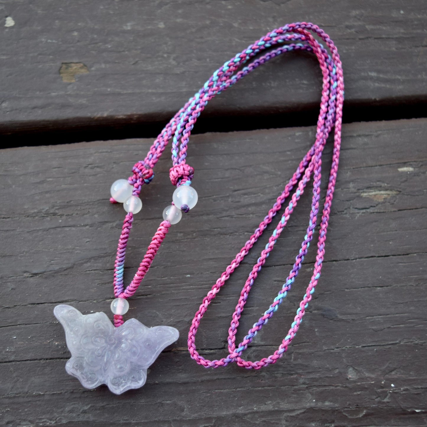 Purple Butterfly Pendant Rope Necklace - Amethyst Crystal Pendant