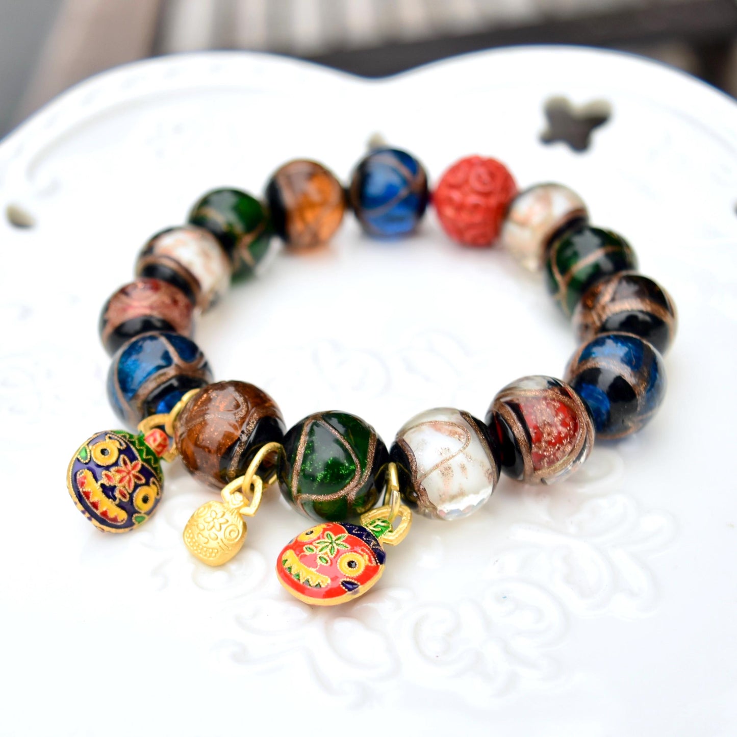 14 mm Colorful Glassware Beaded Bracelet - Pixiu 貔貅 Charms