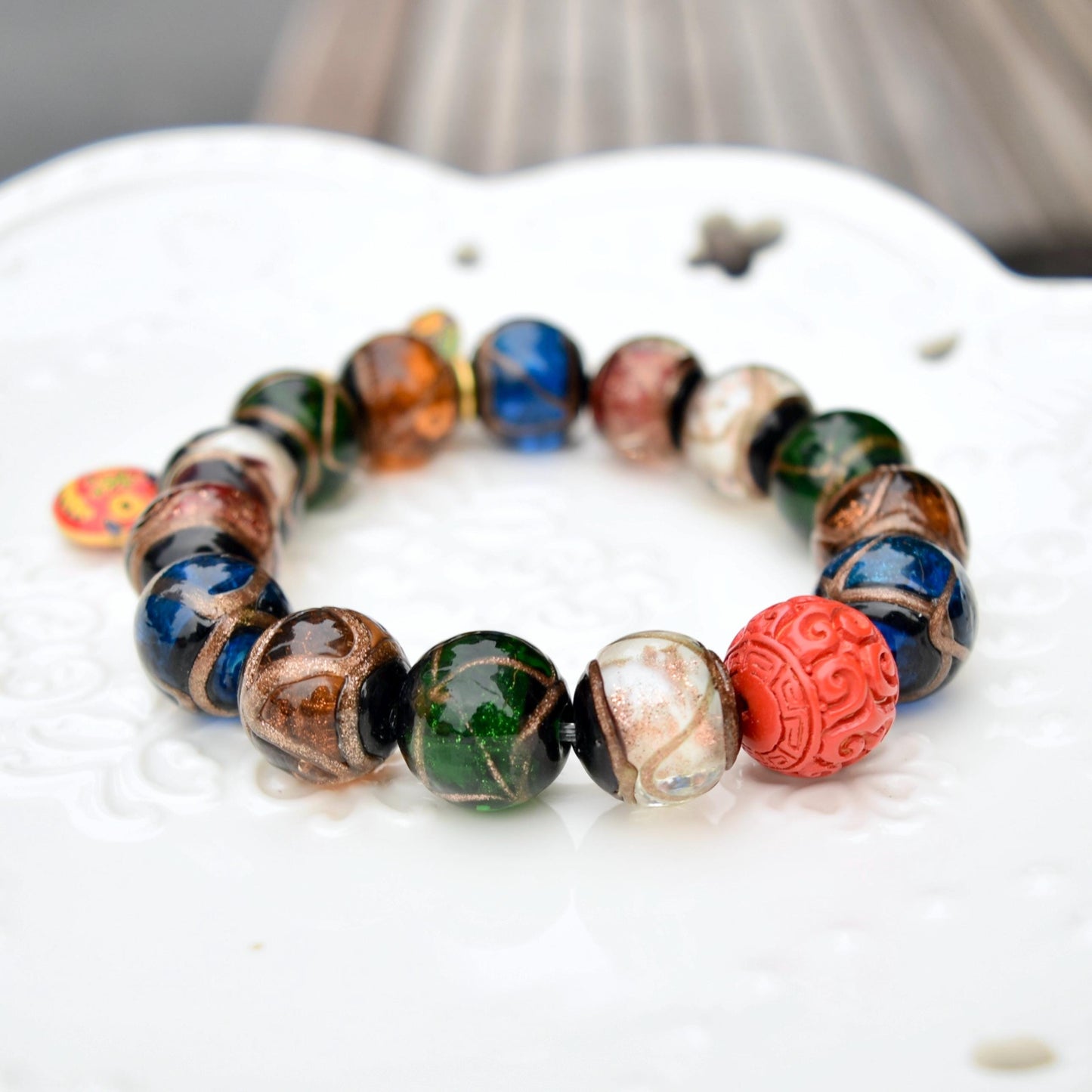 14 mm Colorful Glassware Beaded Bracelet - Pixiu 貔貅 Charms