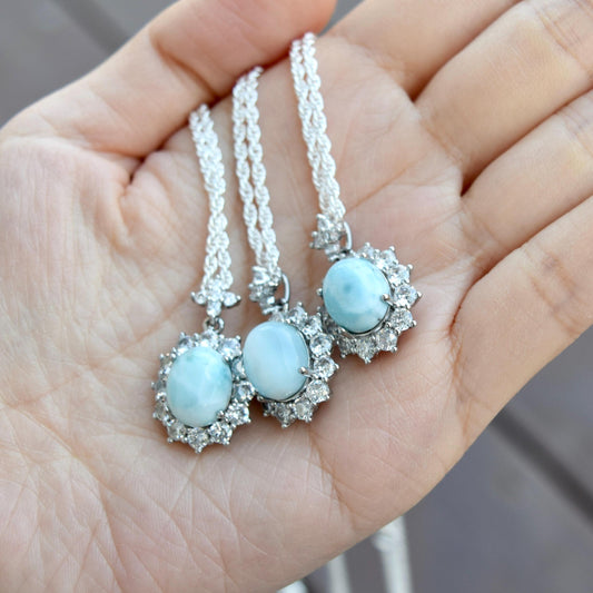 Larimar Oval Cabochon Pendant Necklace - Silver Tone