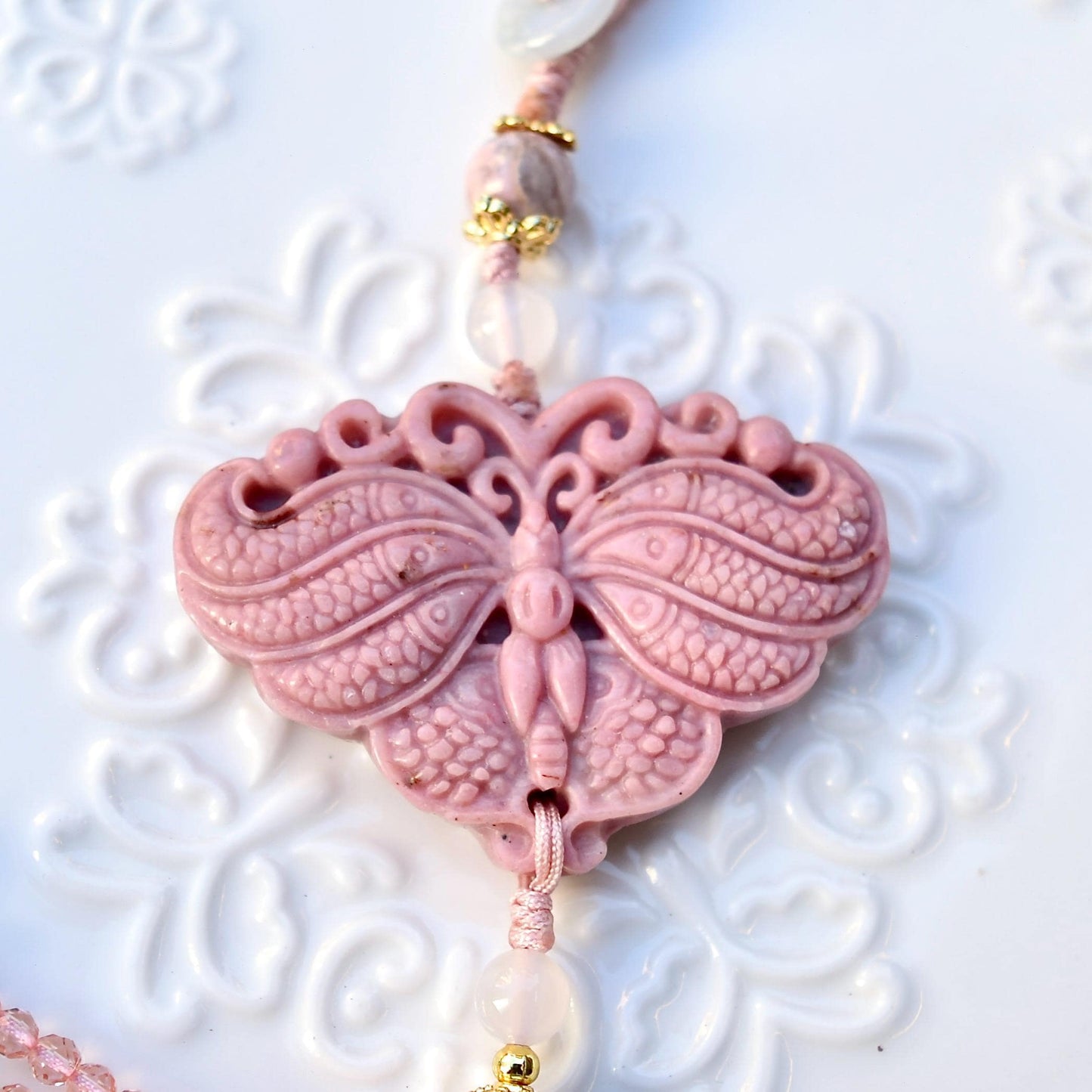 Pink Butterfly Phoenix Pendant Keychain Bag Charm - Pink Jasper