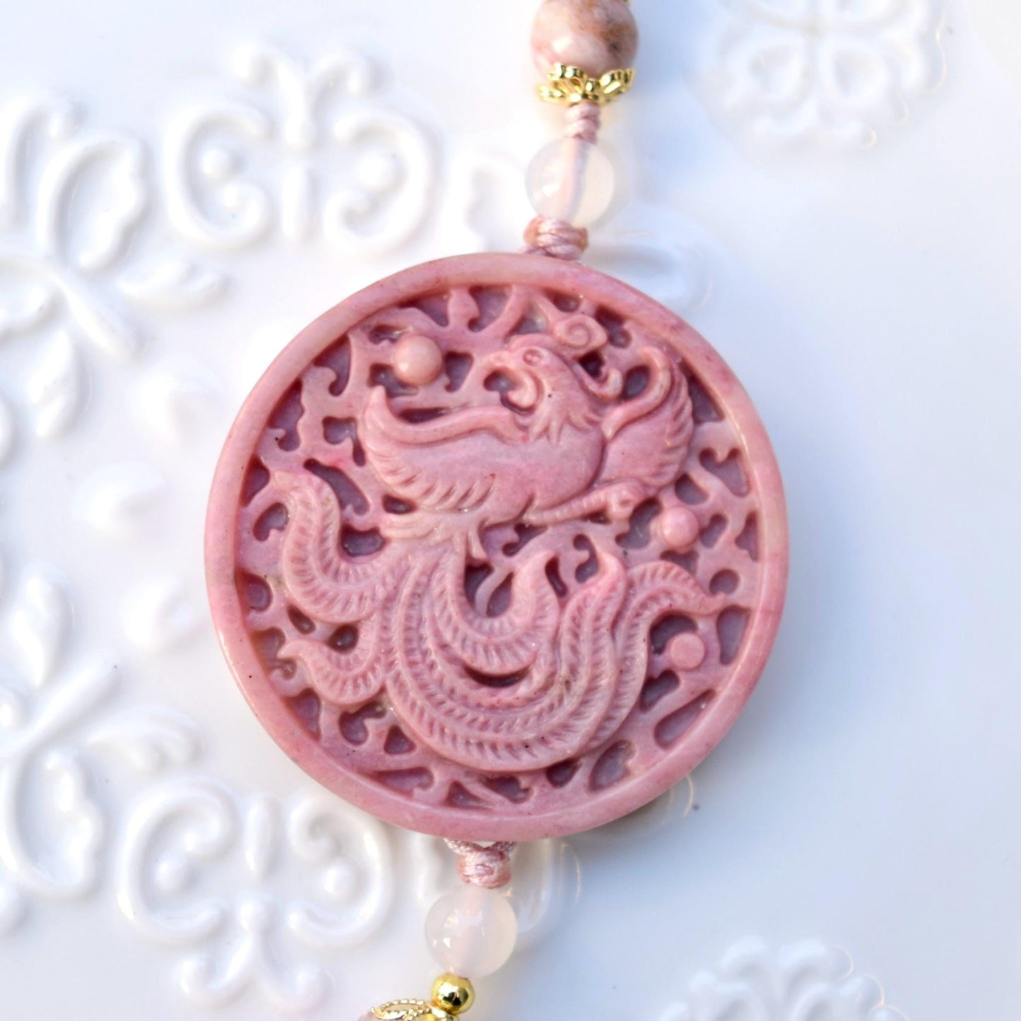 Pink Butterfly Phoenix Pendant Keychain Bag Charm - Pink Jasper