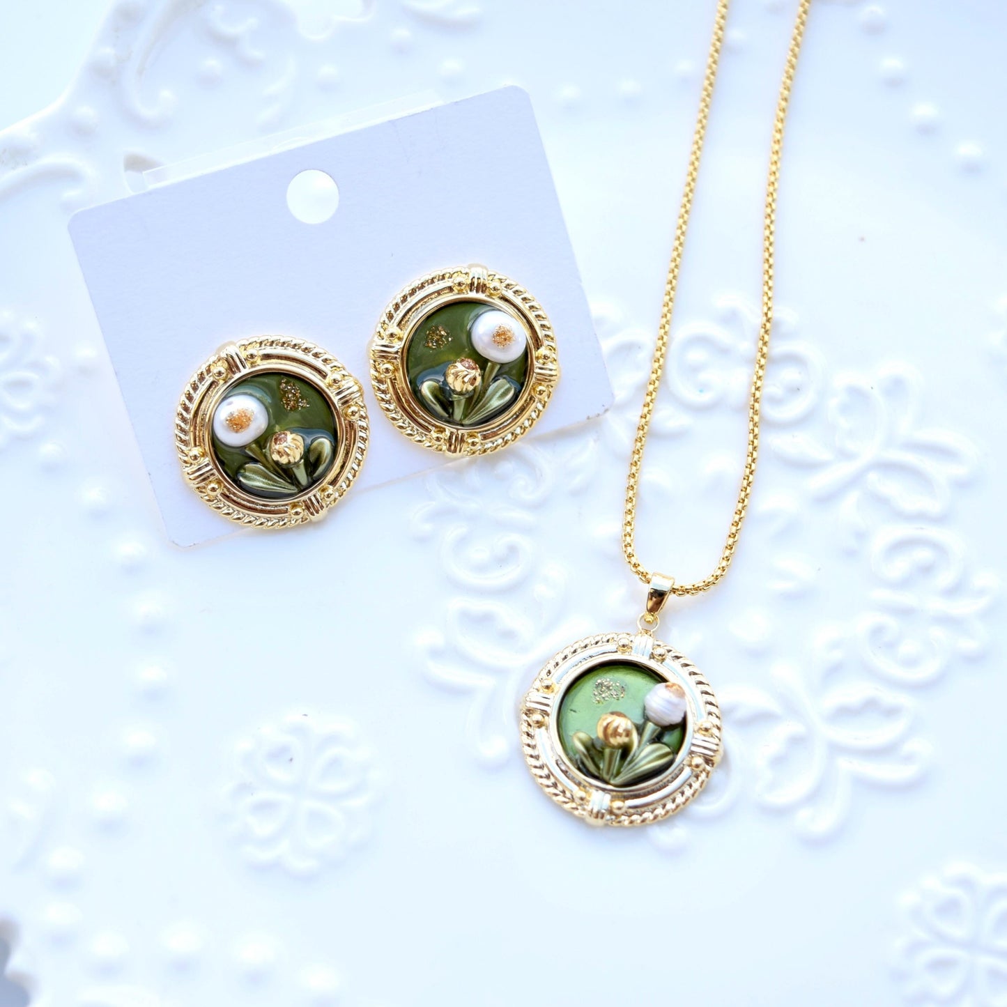 Green Enamel Pearl Flora Jewelry Set - Oil Painting Style
