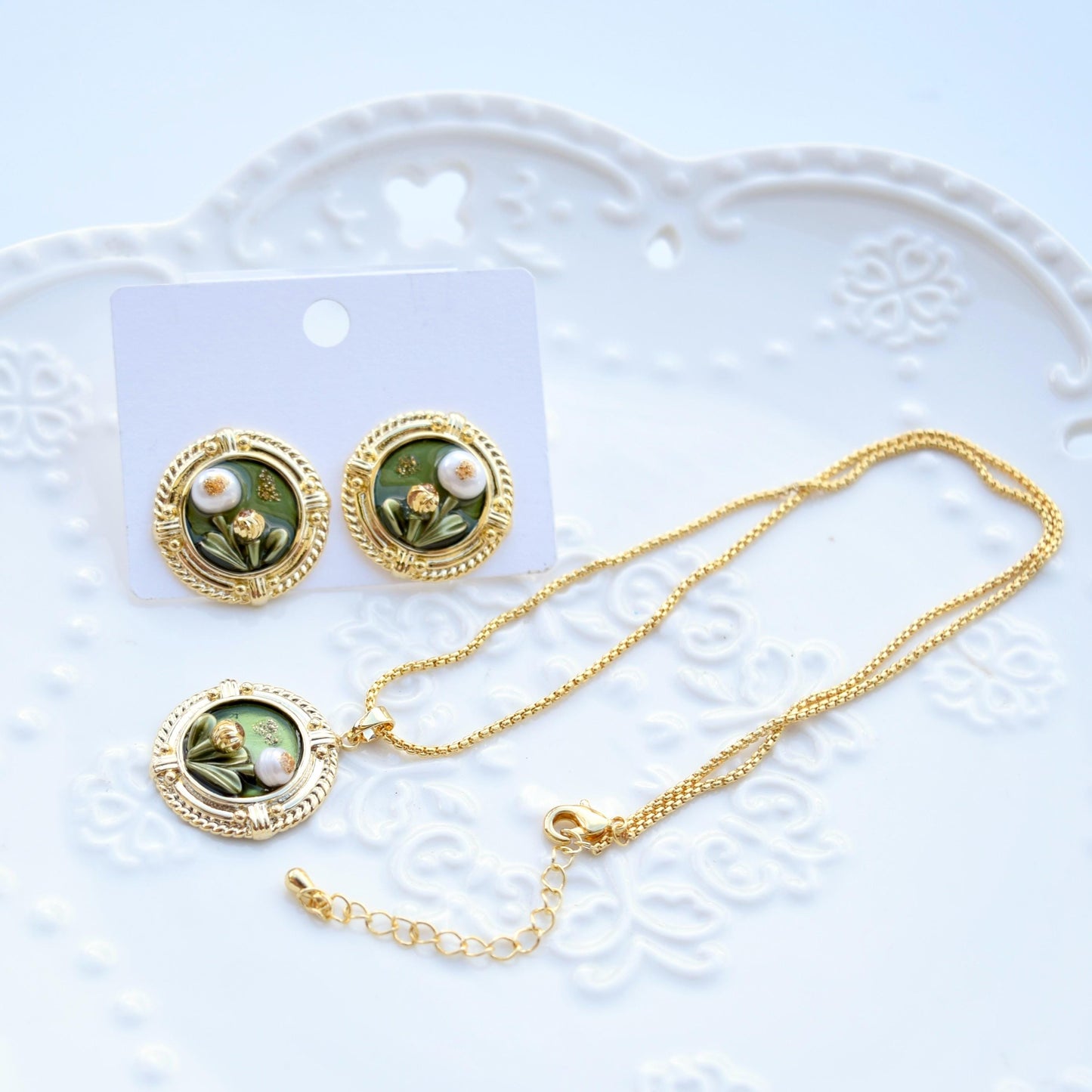Green Enamel Pearl Flora Jewelry Set - Oil Painting Style