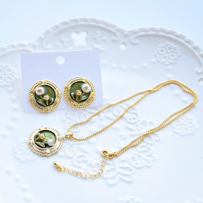 Green Enamel Pearl Flora Jewelry Set - Oil Painting Style