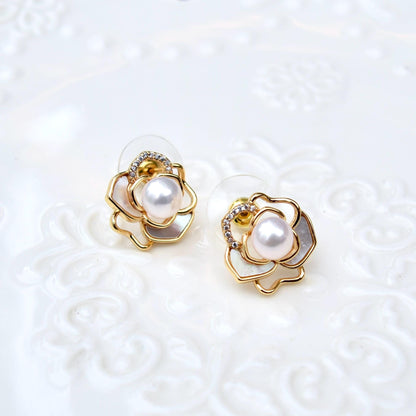 White Camellia Stud Earrings - Freshwater Pearl Earrings
