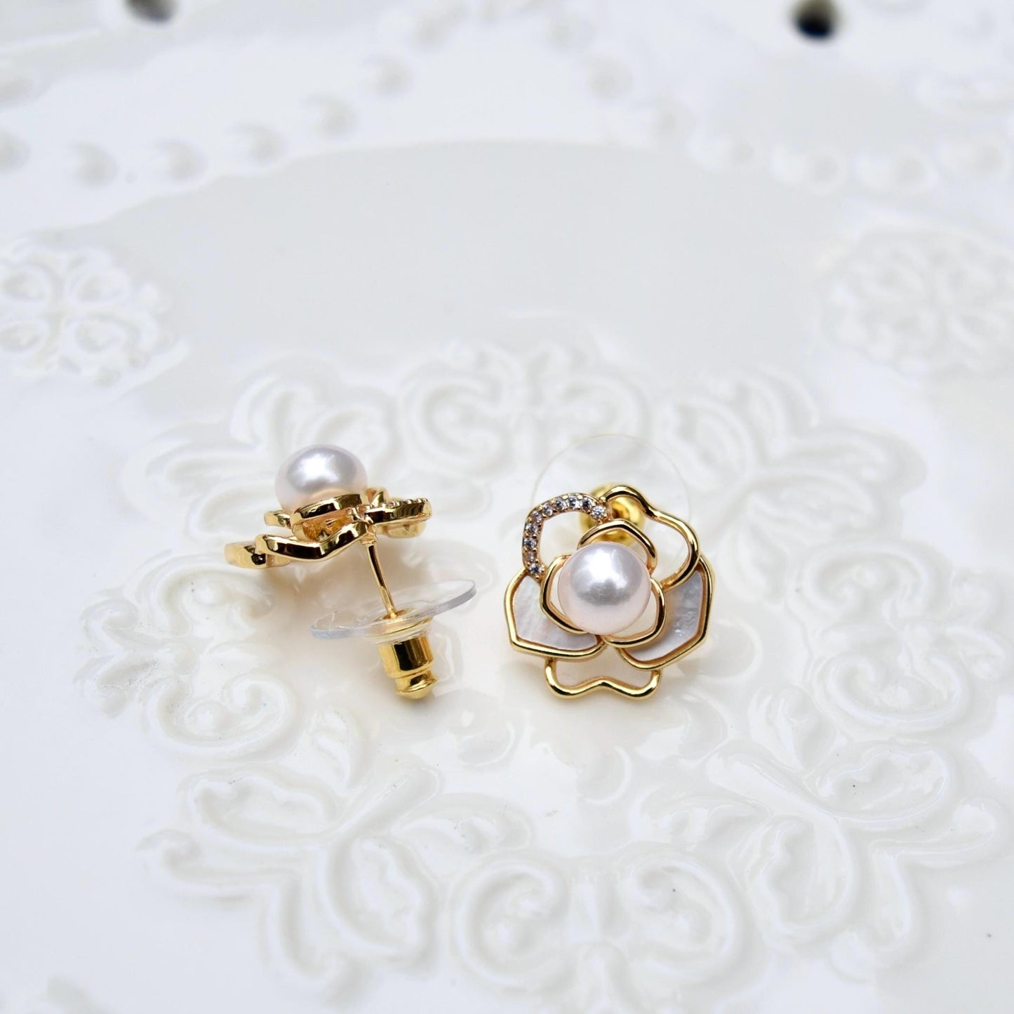 White Camellia Stud Earrings - Freshwater Pearl Earrings