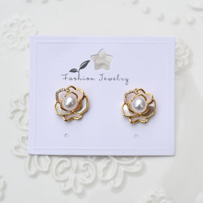 White Camellia Stud Earrings - Freshwater Pearl Earrings