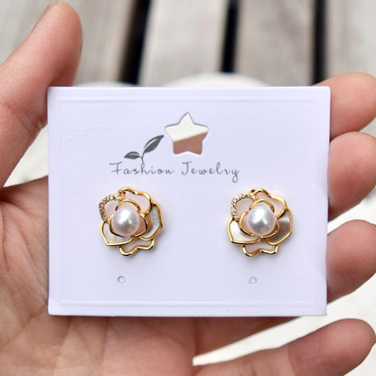 White Camellia Stud Earrings - Freshwater Pearl Earrings