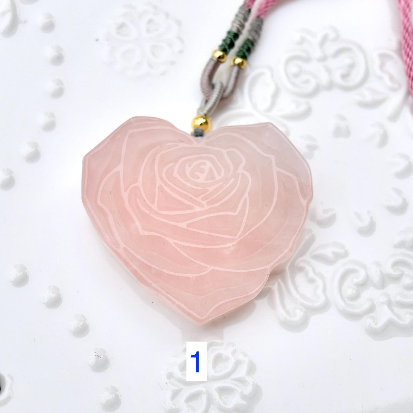 Rose Quartz Heart Rose Pendant Necklace - Jade Cord