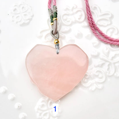 Rose Quartz Heart Rose Pendant Necklace - Jade Cord