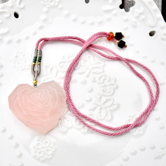 Rose Quartz Heart Rose Pendant Necklace - Jade Cord