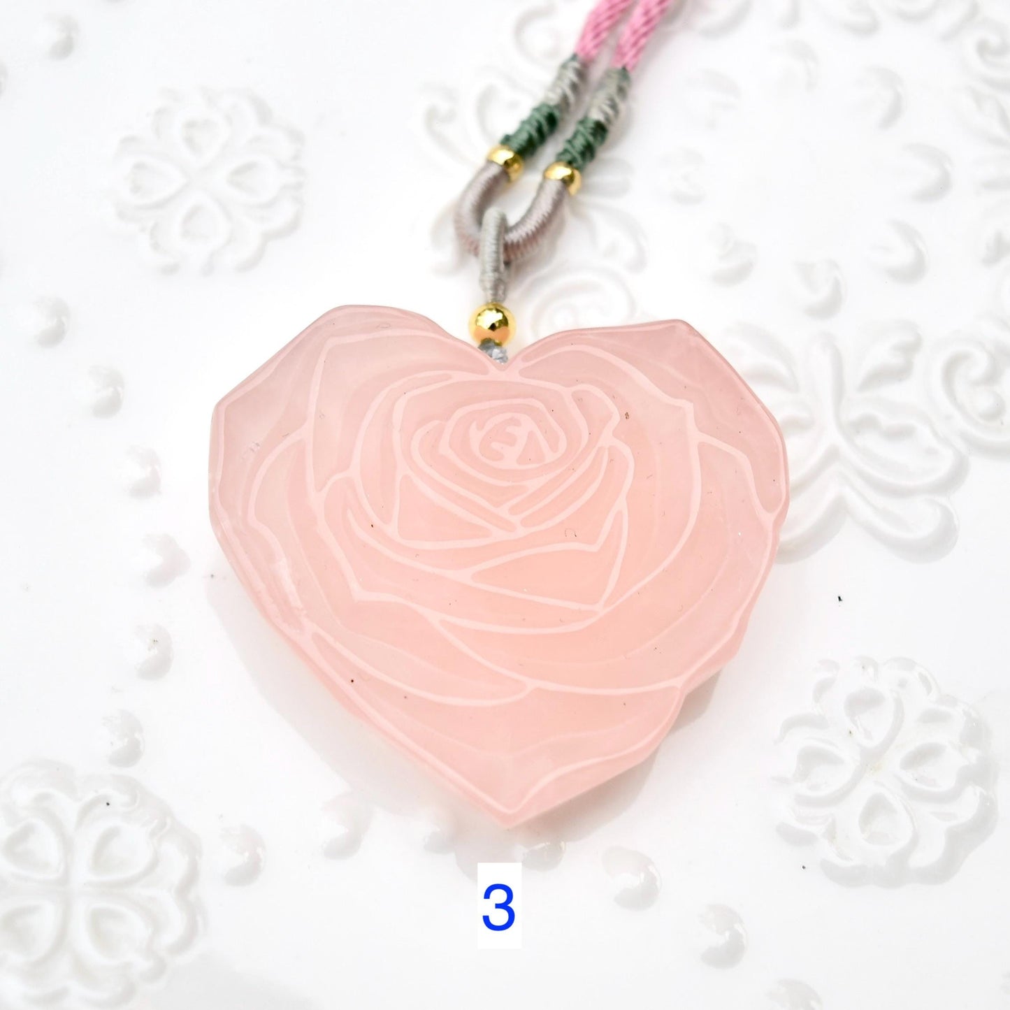 Rose Quartz Heart Rose Pendant Necklace - Jade Cord