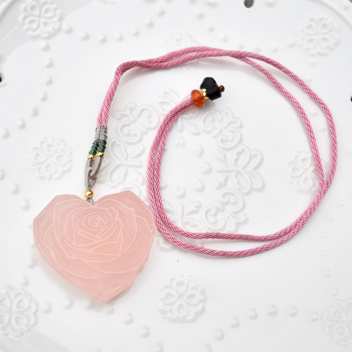 Rose Quartz Heart Rose Pendant Necklace - Jade Cord