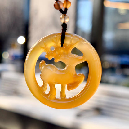 Agate Deer Pendant Necklace - Chinese Jade Stone Beaded Necklace