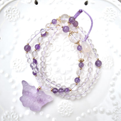 Amethyst Butterfly Pendant Necklace - Clear Quartz Long Necklace
