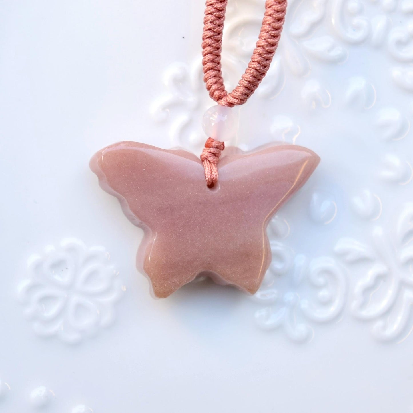 Flower Butterfly Pendant Rope Necklace - Pink Jade Pendant