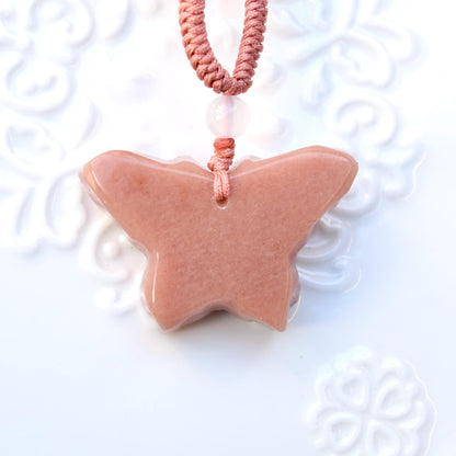 Flower Butterfly Pendant Rope Necklace - Pink Jade Pendant