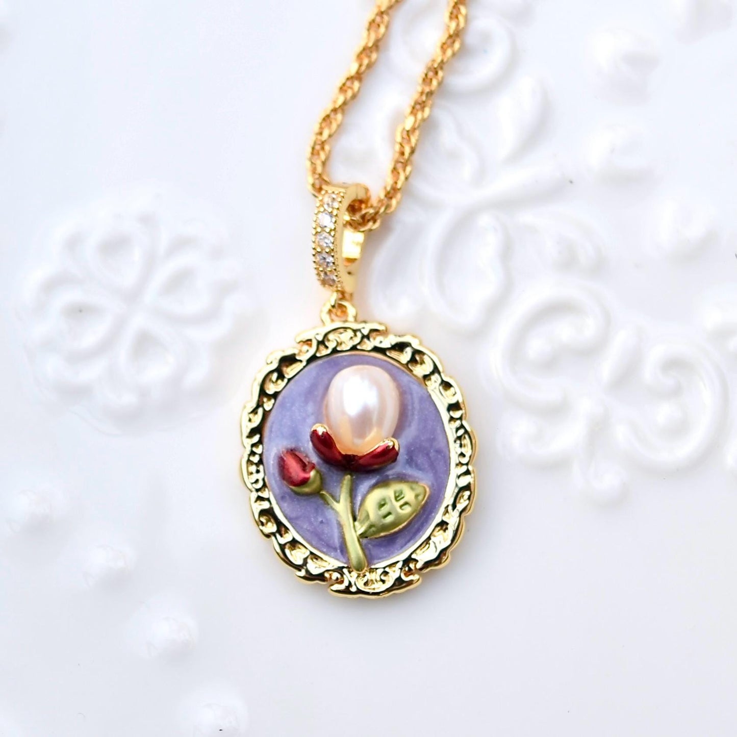 Purple Enamel Pearl Flora Jewelry Set - Oil Painting Style