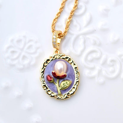 Purple Enamel Pearl Flora Jewelry Set - Oil Painting Style