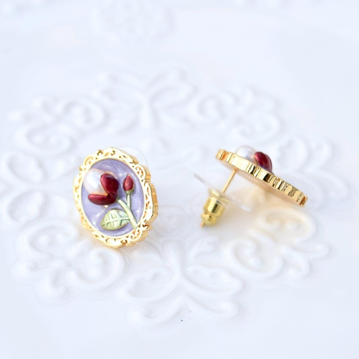 Purple Enamel Pearl Flora Jewelry Set - Oil Painting Style