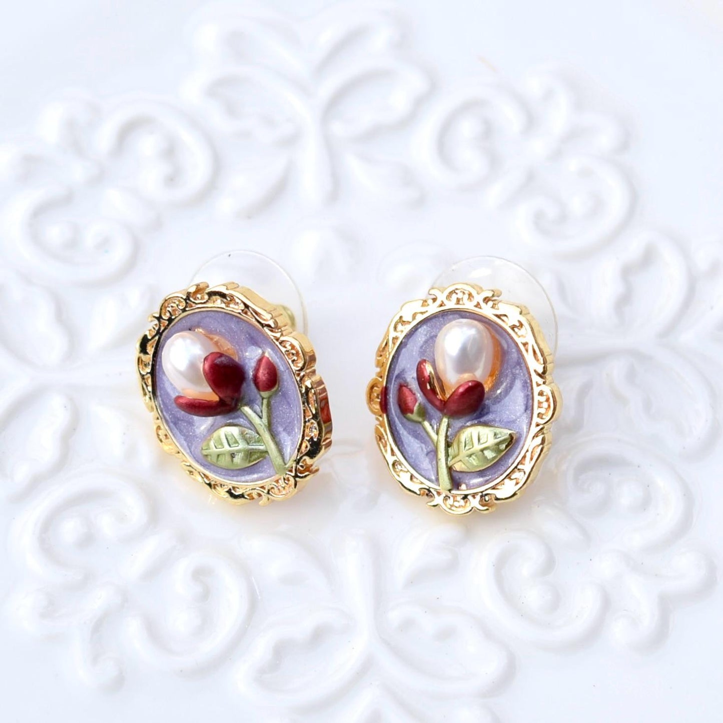 Purple Enamel Pearl Flora Jewelry Set - Oil Painting Style