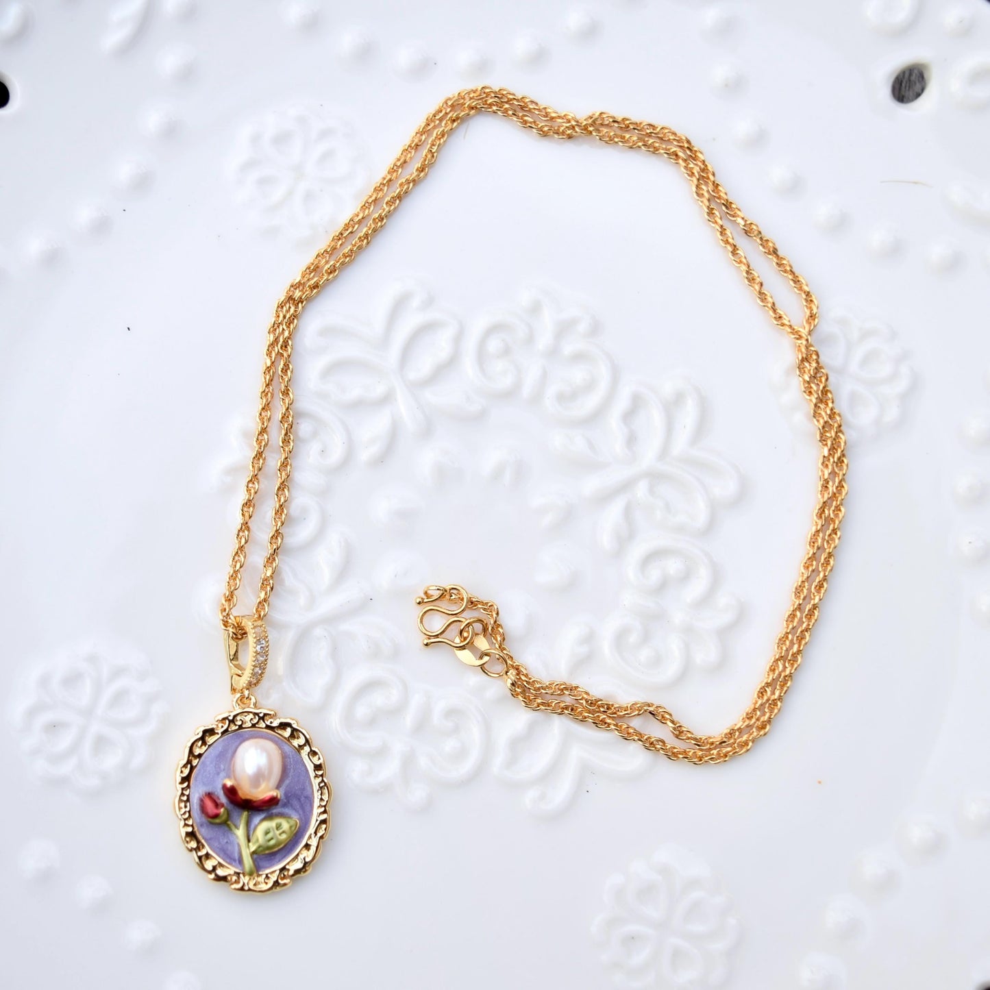 Purple Enamel Pearl Flora Jewelry Set - Oil Painting Style