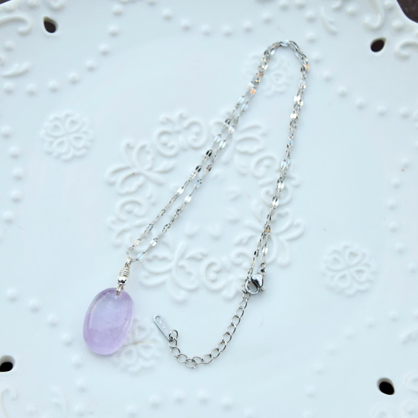 Amethyst Oval Cabochon Pendant Necklace - Silver Tone