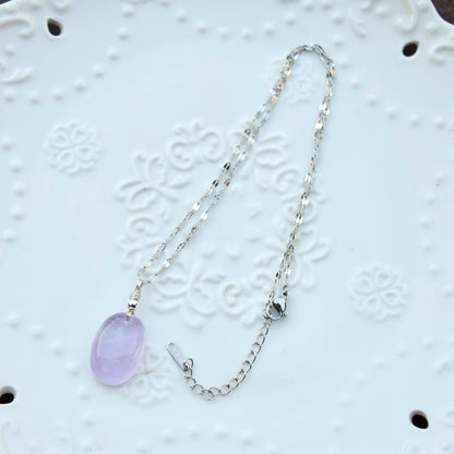 Amethyst Oval Cabochon Pendant Necklace - Silver Tone