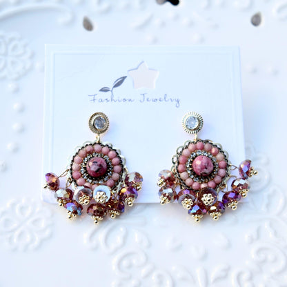 Dreamcatcher Purple Pink Crystals Stones Earrings
