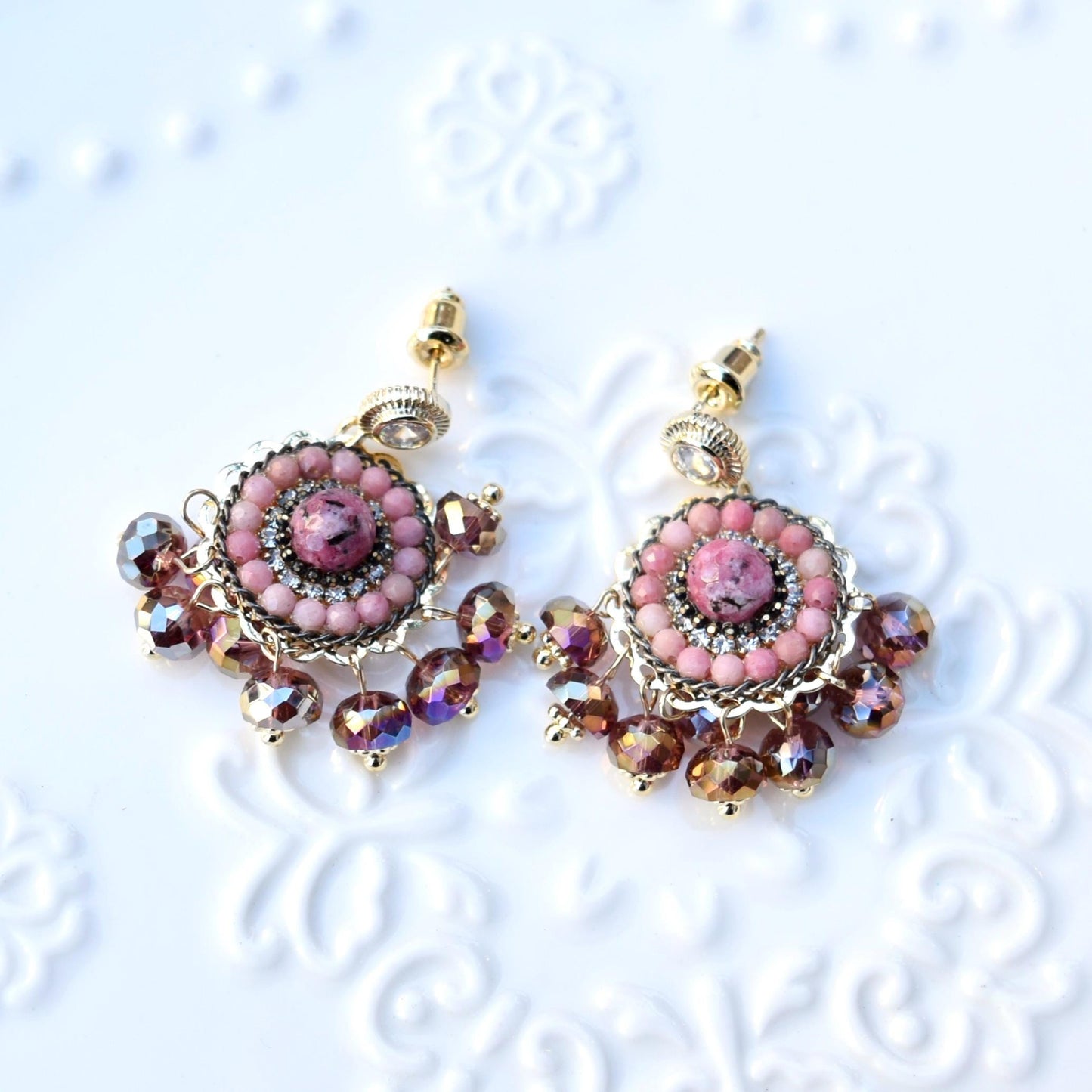 Dreamcatcher Purple Pink Crystals Stones Earrings