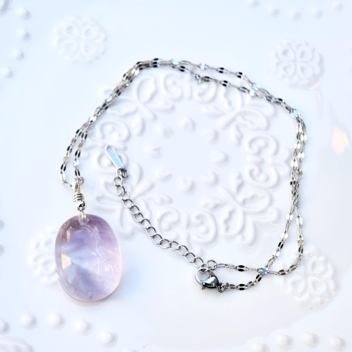 Amethyst Oval Cabochon Pendant Necklace - Silver Tone