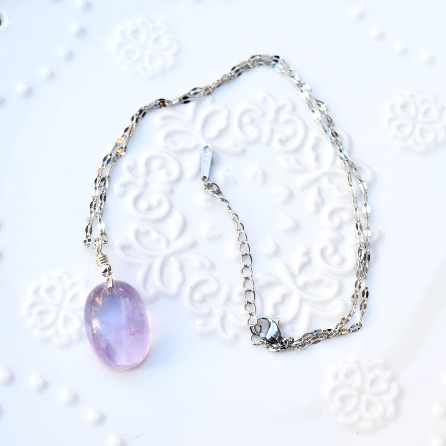 Amethyst Oval Cabochon Pendant Necklace - Silver Tone
