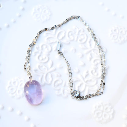Amethyst Oval Cabochon Pendant Necklace - Silver Tone