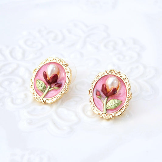 Pink Enamel Pearl Flora Jewelry Set - Oil Painting Style