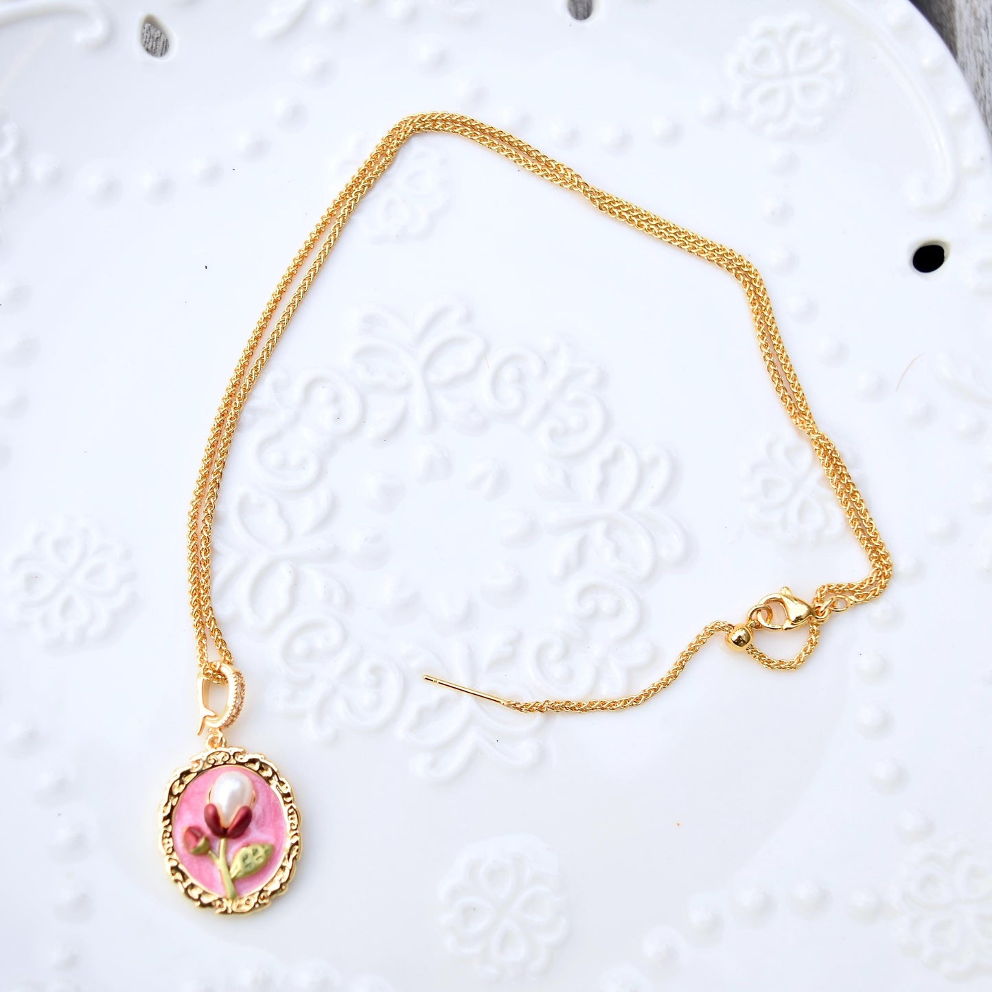 Pink Enamel Pearl Flora Jewelry Set - Oil Painting Style