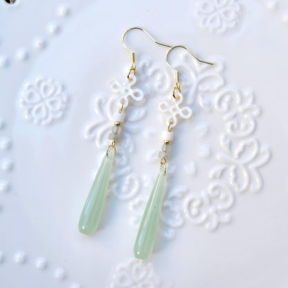 Green Teardrop Clover Earrings - Jade Style Dangle Earrings