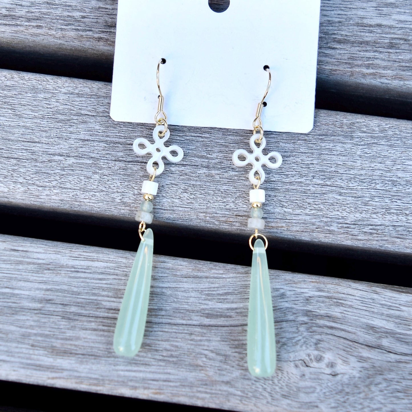 Green Teardrop Clover Earrings - Jade Style Dangle Earrings