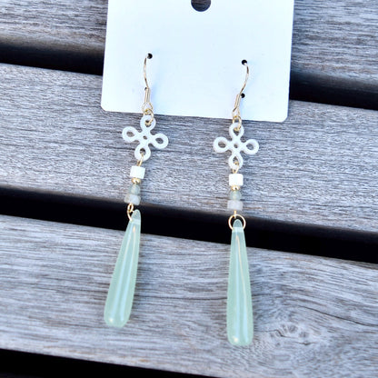 Green Teardrop Clover Earrings - Jade Style Dangle Earrings
