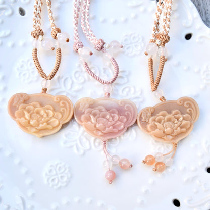 Yellow Peony Lock Pendant Braided Rope Necklace - Quartz Jade