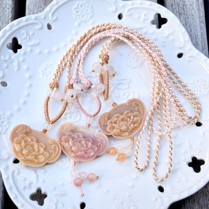 Yellow Peony Lock Pendant Braided Rope Necklace - Quartz Jade