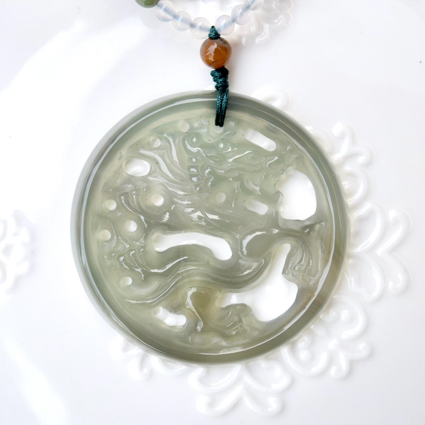 Green Dragon Pendant Tassel Necklace - Agate Beaded Necklace