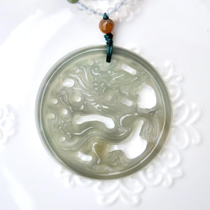 Green Dragon Pendant Tassel Necklace - Agate Beaded Necklace