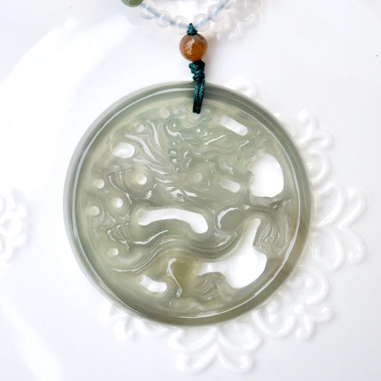 Green Dragon Pendant Tassel Necklace - Agate Beaded Necklace