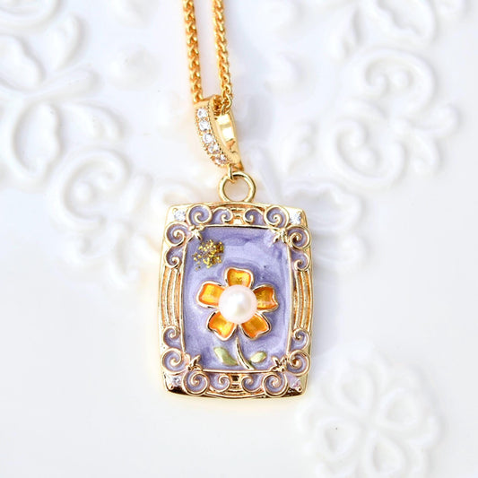 Purple Enamel Pearl Flora Jewelry Set - Oil Painting Style