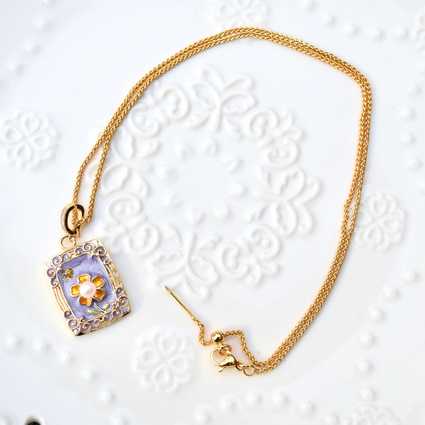 Purple Enamel Pearl Flora Jewelry Set - Oil Painting Style