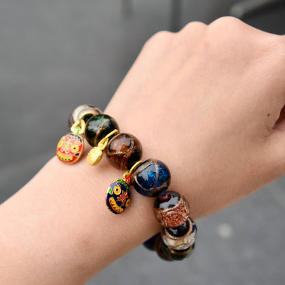 14 mm Colorful Glassware Beaded Bracelet - Pixiu 貔貅 Charms