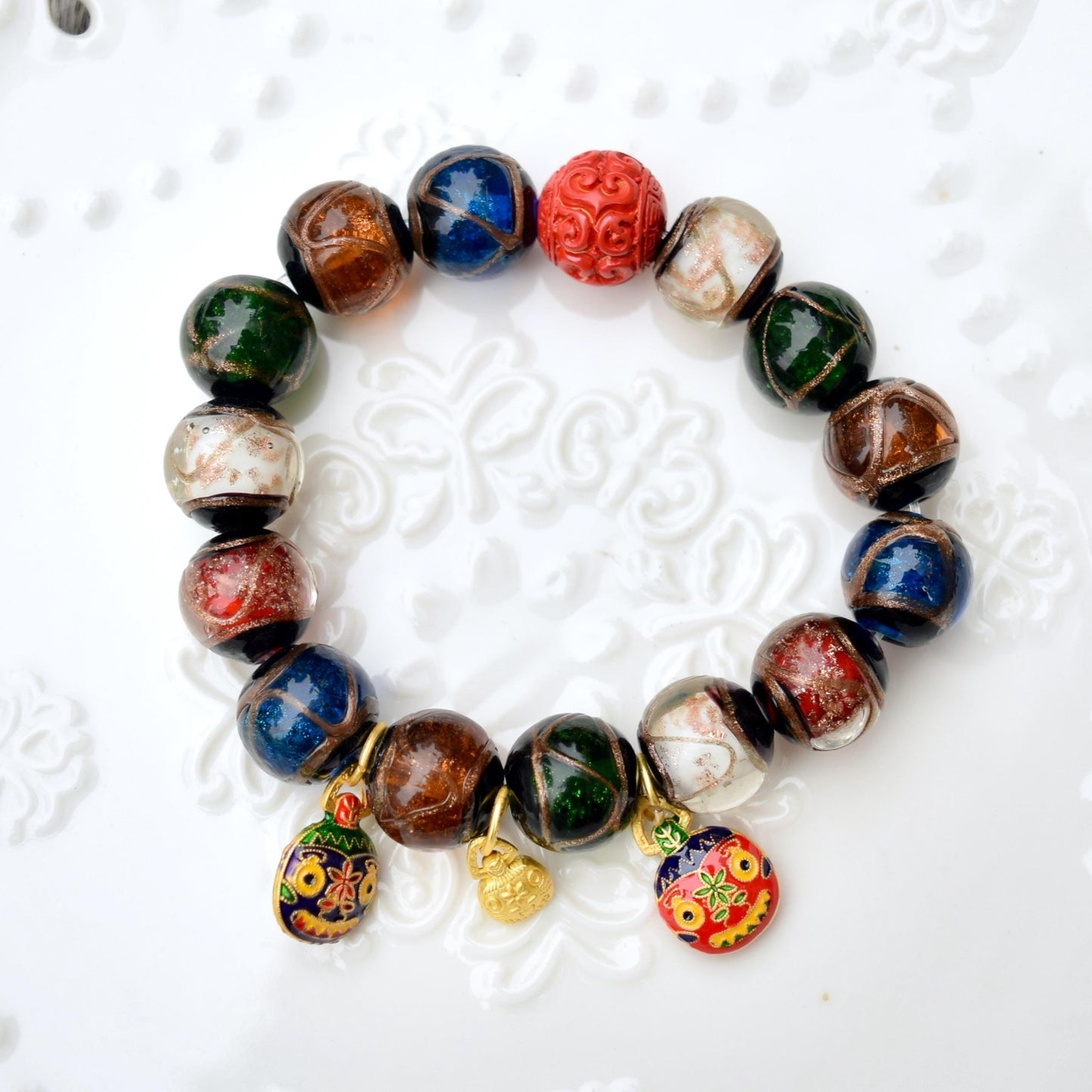 14 mm Colorful Glassware Beaded Bracelet - Pixiu 貔貅 Charms