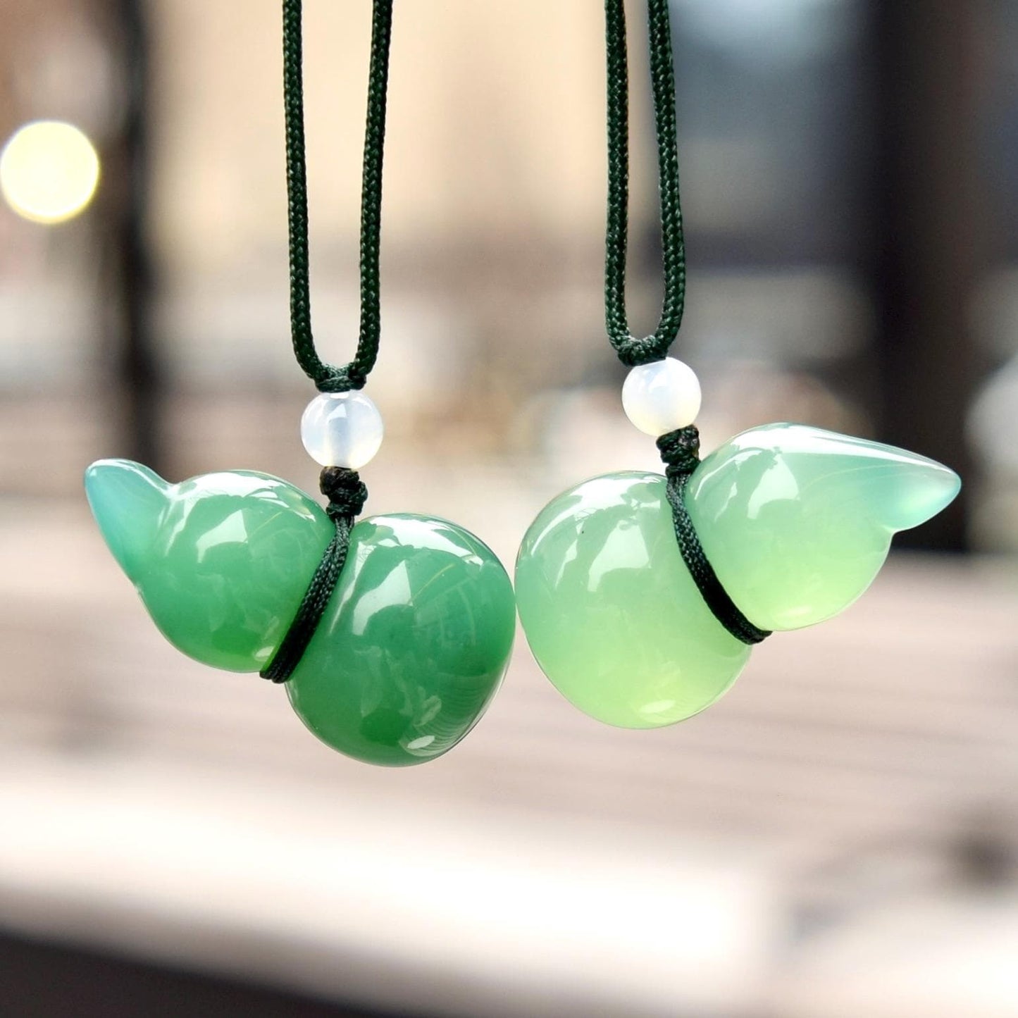 Green Agate Gourd Bamboo Pendant Rope Necklace